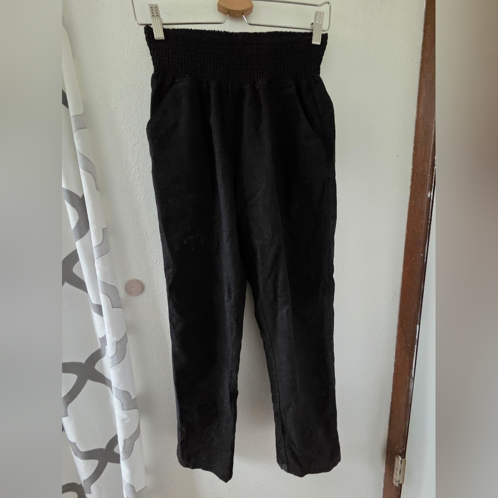 Emme Mama Maternity Smocked 100% Linen Pants Small - Black